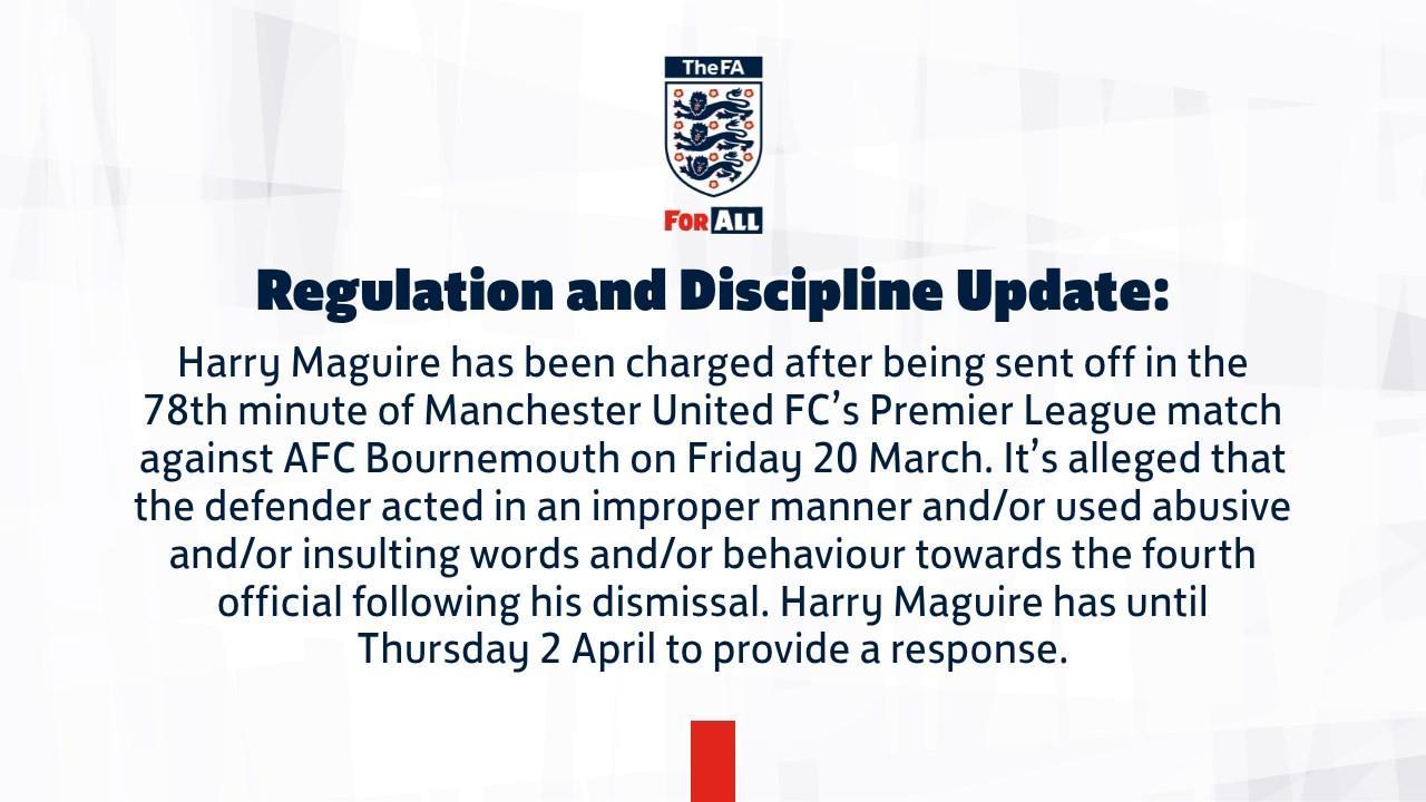 kaiyun-官方：因对阵樱桃染红后对四官行为不当，马奎尔被英足总指控